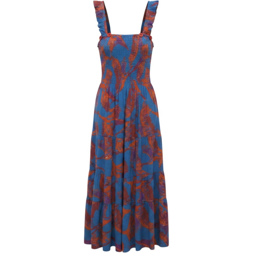 Figue Blue Orange Tropical Bird Print Smocked Tiered Maxi Dress XS/S Pom Pom